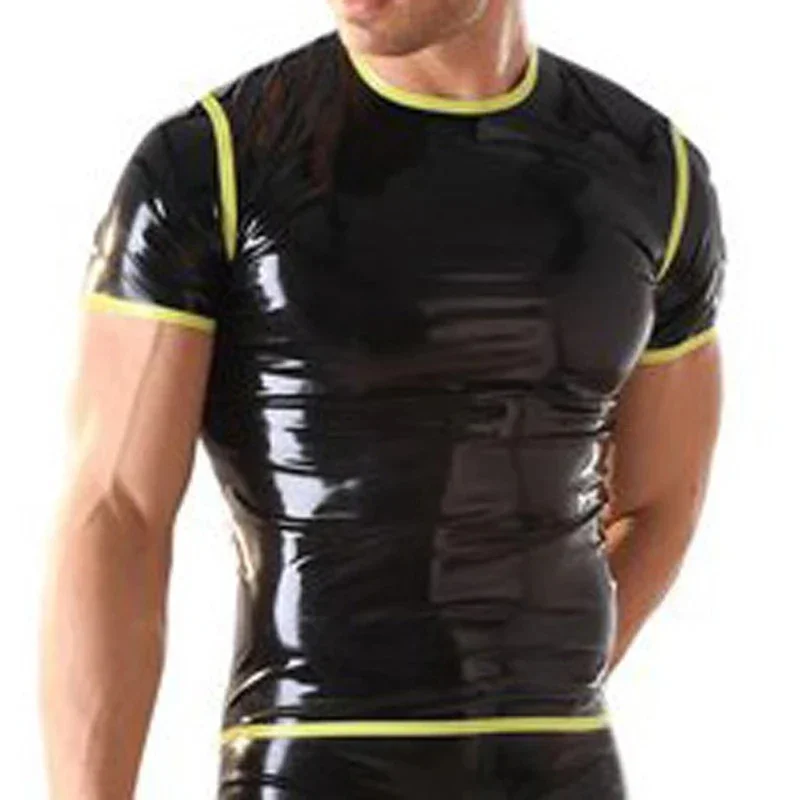Latex Top Black And Yellow Trims Sexy Shirt With Round Collar Short Sleeves Rubber Clothes
Latex Top Black And Yellow Trims Sexy Shirt With Round Collar Short Sleeves Rubber Clothes