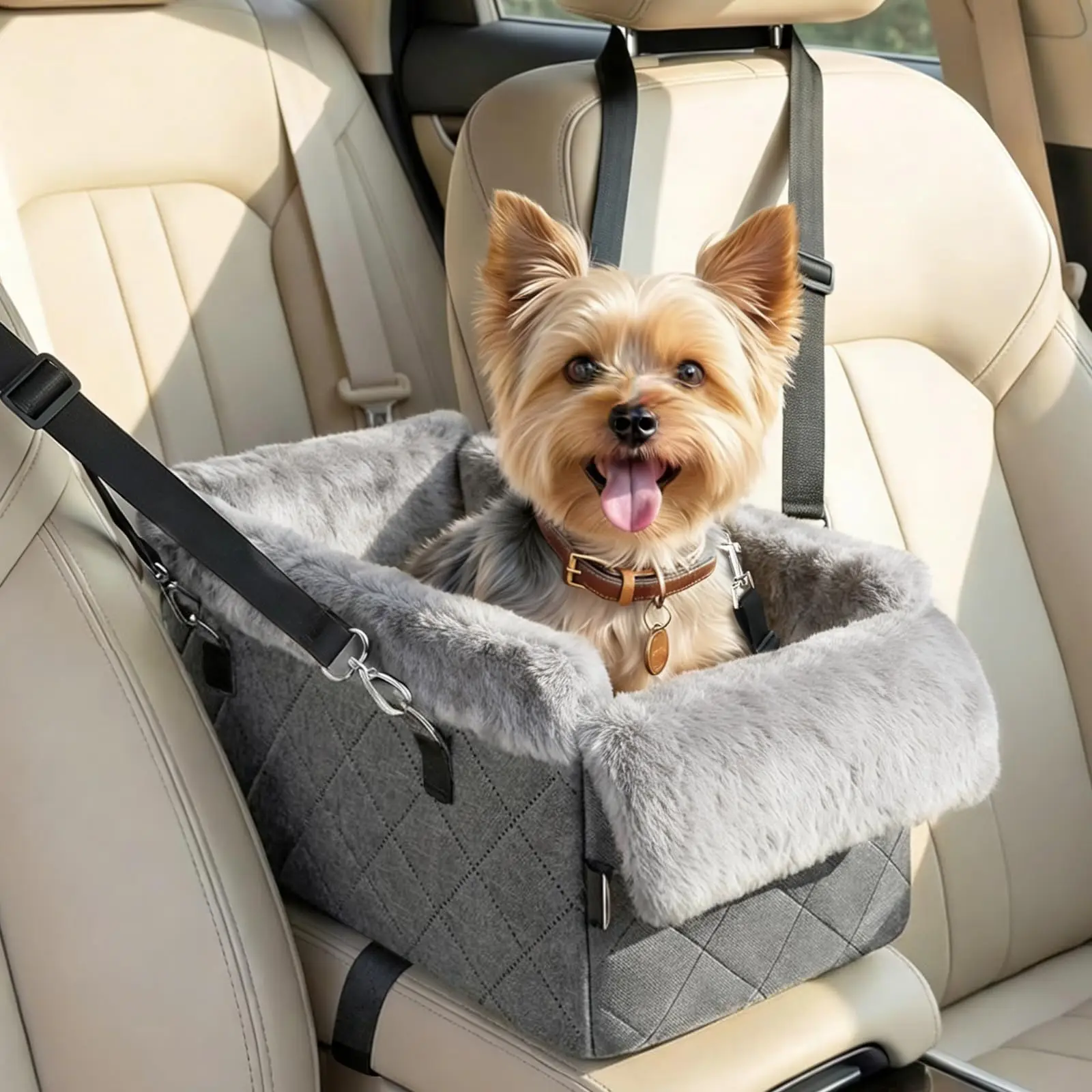 Gray Quilted Pet Car Booster Seat With Faux Fur Lining, Secure Harness Straps, Non-Slip Base For Small Dogs Under 12 Lbs
Gray Quilted Pet Car Booster Seat With Faux Fur Lining, Secure Harness Straps, Non-Slip Base For Small Dogs Under 12 Lbs