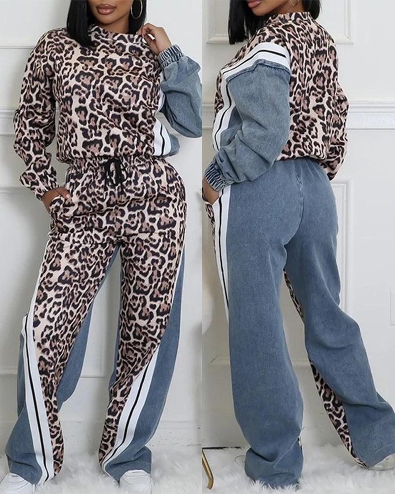 Women's 2025 Autumn Latest 2 Piece Leopard Pattern Stripe Print Long Sleeve Pullover Drawstring Denim Pants Casual Pants Set
Women's 2025 Autumn Latest 2 Piece Leopard Pattern Stripe Print Long Sleeve Pullover Drawstring Denim Pants Casual Pants Set