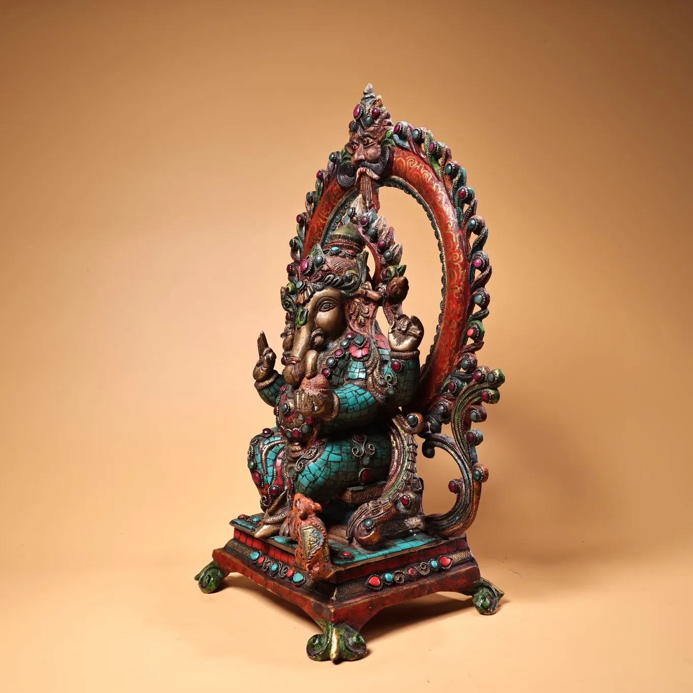 16"Tibetan Temple Collection Old Bronze Painted Outline in gold Mosaic Gem Turquoise Ganesha Buddha Phoenix Seat Worship Hall
16"Tibetan Temple Collection Old Bronze Painted Outline in gold Mosaic Gem Turquoise Ganesha Buddha Phoenix Seat Worship Hall