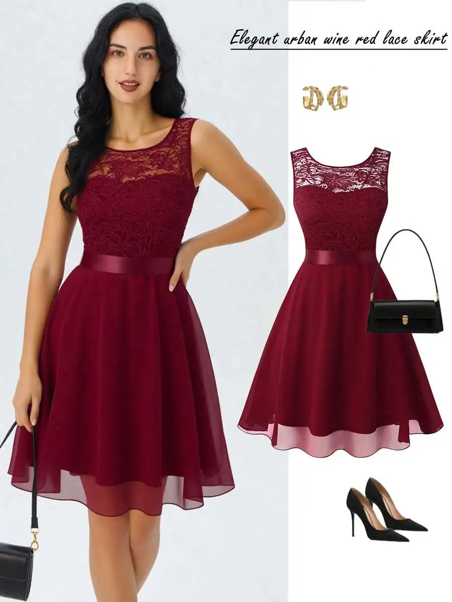 Burgundy Lace Sleeveless Round Neck Evening Dress For Women
Burgundy Lace Sleeveless Round Neck Evening Dress For Women