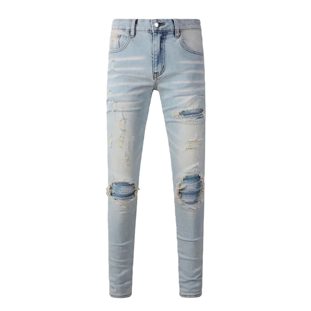 High-quality light blue patched jeans, with a split-layer perforated washing process, a fashionable and versatile style
High-quality light blue patched jeans, with a split-layer perforated washing process, a fashionable and versatile style