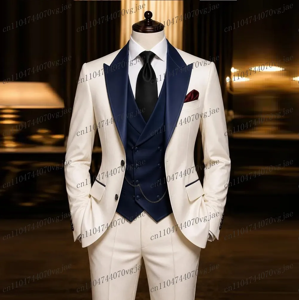 Formal White And Navy Blue Men Suit Groom Groomsman Wedding Party Prom Business Male Tuxedos 3 Piece Set Blazer Vest Pants
Formal White And Navy Blue Men Suit Groom Groomsman Wedding Party Prom Business Male Tuxedos 3 Piece Set Blazer Vest Pants
