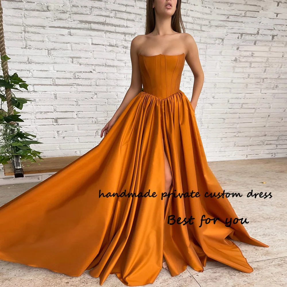 Orange Satin Strapless Prom Party Dresses Deaped High Split Long Homecoming Dress Corset Backless Evening Party Gowns Customized
Orange Satin Strapless Prom Party Dresses Deaped High Split Long Homecoming Dress Corset Backless Evening Party Gowns Customized