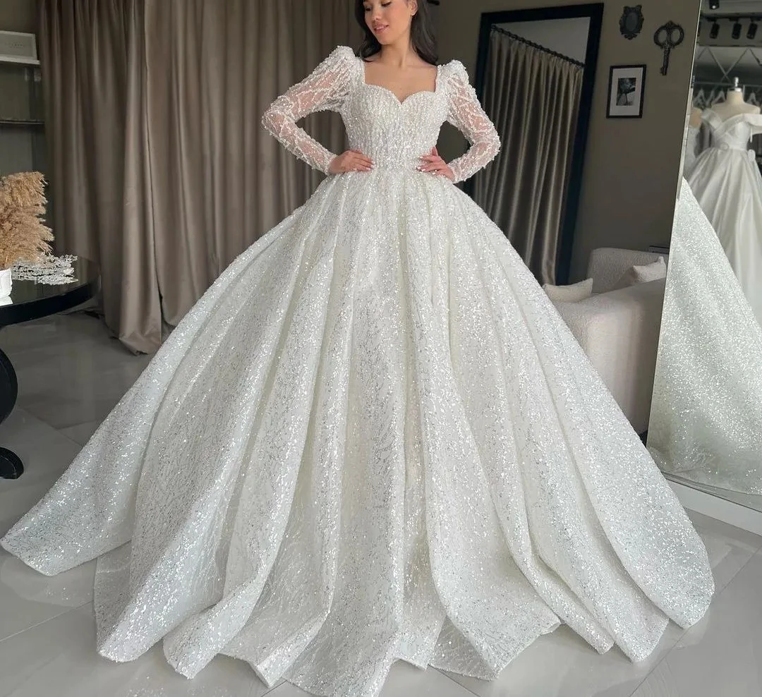 Charming Sweetheart Neck Sequins Wedding Dresses Long Sleeves Bridal Ball Gowns Custom Made Vestidos De Novia
Charming Sweetheart Neck Sequins Wedding Dresses Long Sleeves Bridal Ball Gowns Custom Made Vestidos De Novia