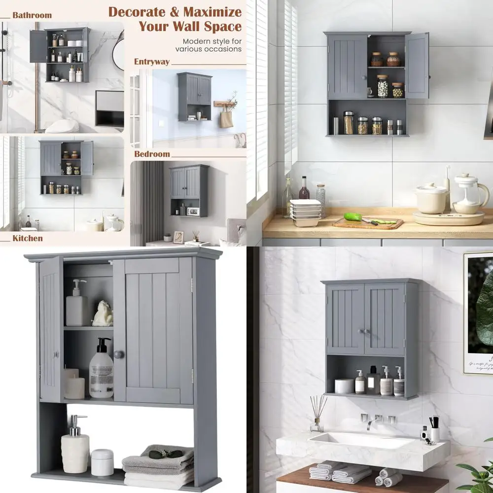 Серый настенный шкаф для ванной комнаты с 2 дверцами, регулируемой полкой и открытым местом для хранения в туалетной зоне
Серый настенный шкаф для ванной комнаты с 2 дверцами, регулируемой полкой и открытым местом для хранения в туалетной зоне