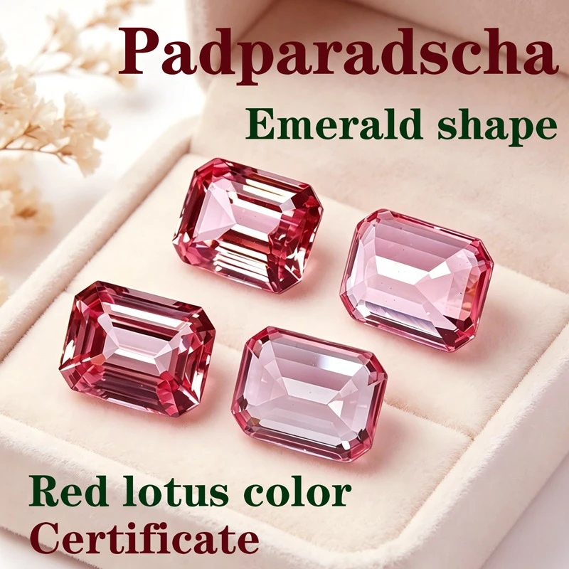 Artificial Gemstone Padparadscha Red Lotus Color Emerald Shape Hand Cutting Available Certificate
Artificial Gemstone Padparadscha Red Lotus Color Emerald Shape Hand Cutting Available Certificate