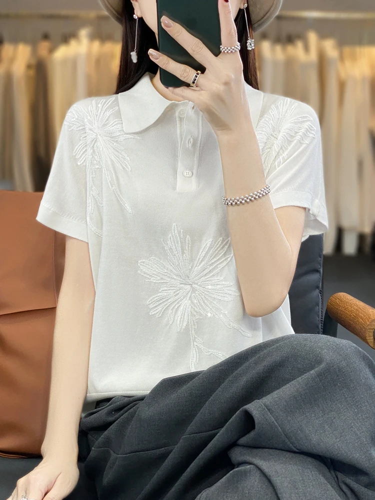 Summer Silk Neck Knitted Short Sleeve Women's Heavy Embroidery Floral Patch T-Shirt Half Sleeve Versatile Top
Summer Silk Neck Knitted Short Sleeve Women's Heavy Embroidery Floral Patch T-Shirt Half Sleeve Versatile Top