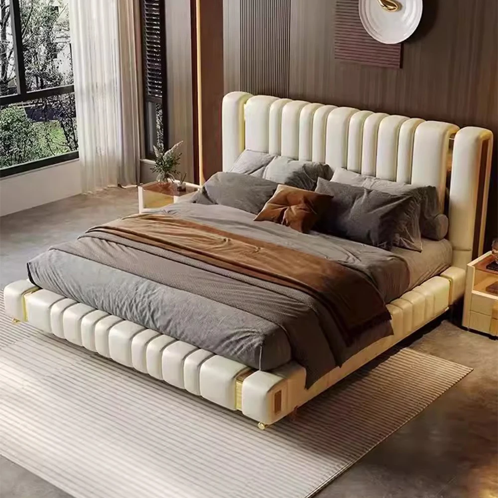 Customizable Modern Genuine Leather Wedding Bed, High Back Upholstered Stainless Steel Double Bed, Luxury King Size Be
Customizable Modern Genuine Leather Wedding Bed, High Back Upholstered Stainless Steel Double Bed, Luxury King Size Be