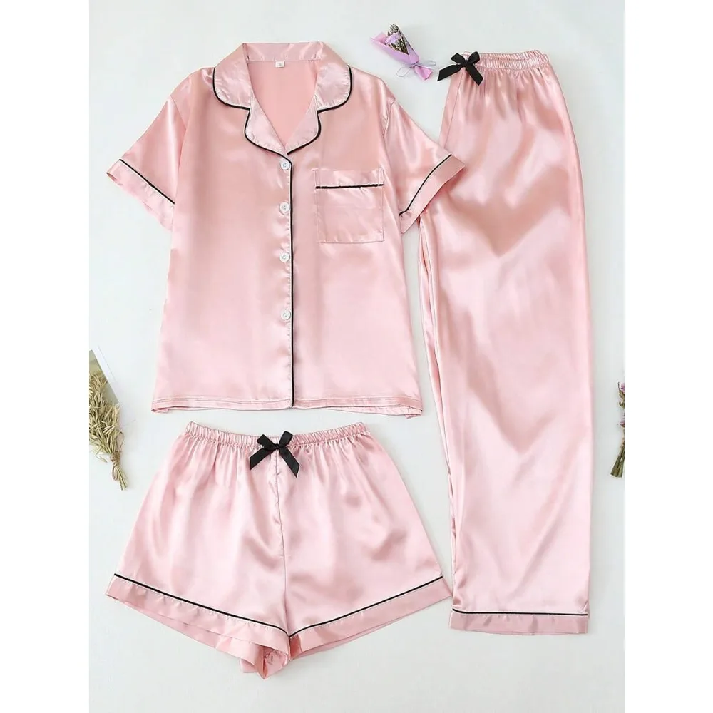3pcsSatin Pale Pajama Set,Single-Breasted Lapel Collar Short Sleeve Top with Long & Short Bottoms, Women Home Wear Spring Summer
3pcsSatin Pale Pajama Set,Single-Breasted Lapel Collar Short Sleeve Top with Long & Short Bottoms, Women Home Wear Spring Summer