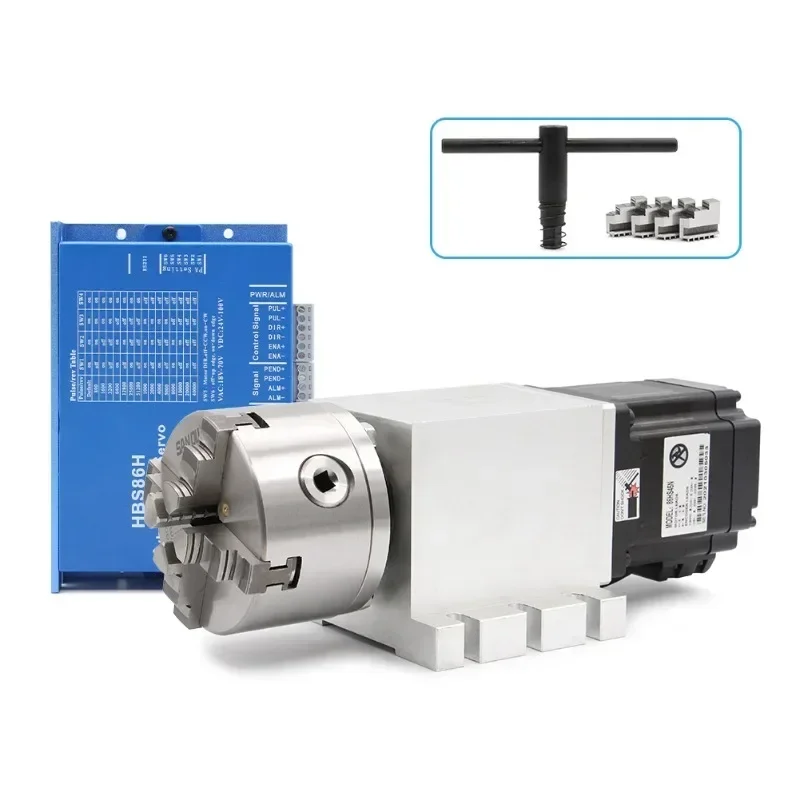 NEW! 4th Axis 4Jaw100mm NEMA34 86HS45N 4.5N.m & HBS86H Closed loop stepper motor kit CNC dividing head/A axis/Rotation Axis kit
NEW! 4th Axis 4Jaw100mm NEMA34 86HS45N 4.5N.m & HBS86H Closed loop stepper motor kit CNC dividing head/A axis/Rotation Axis kit