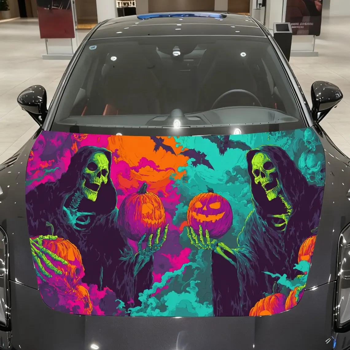Dual Grim Reapers Holding Pumpkins with Bats Surrounding Car Vinyl Wrap, PVC Material Waterproof Car Hood Sticker, Self-Adhesive
Dual Grim Reapers Holding Pumpkins with Bats Surrounding Car Vinyl Wrap, PVC Material Waterproof Car Hood Sticker, Self-Adhesive
