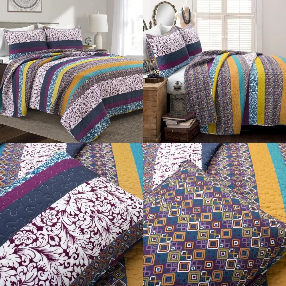 Full/Queen Size Bohemian Striped Cotton Quilt Set in Plum and Yellow - Vibrant Reversible Bedding
Full/Queen Size Bohemian Striped Cotton Quilt Set in Plum and Yellow - Vibrant Reversible Bedding