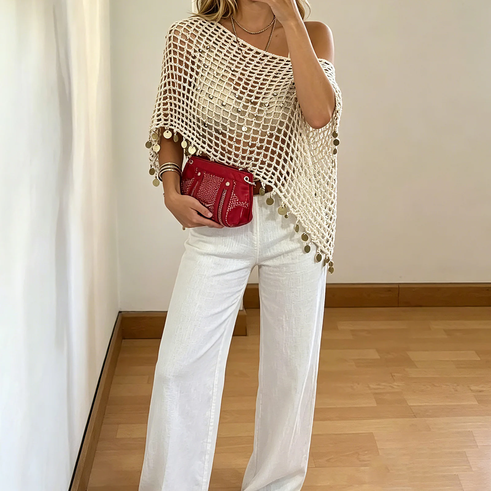 Womens Summer Crochet Shawl Tops Lightweight Hollow Out Sequined Pendant Stylish Boat Neck Loose Fit Poncho
Womens Summer Crochet Shawl Tops Lightweight Hollow Out Sequined Pendant Stylish Boat Neck Loose Fit Poncho