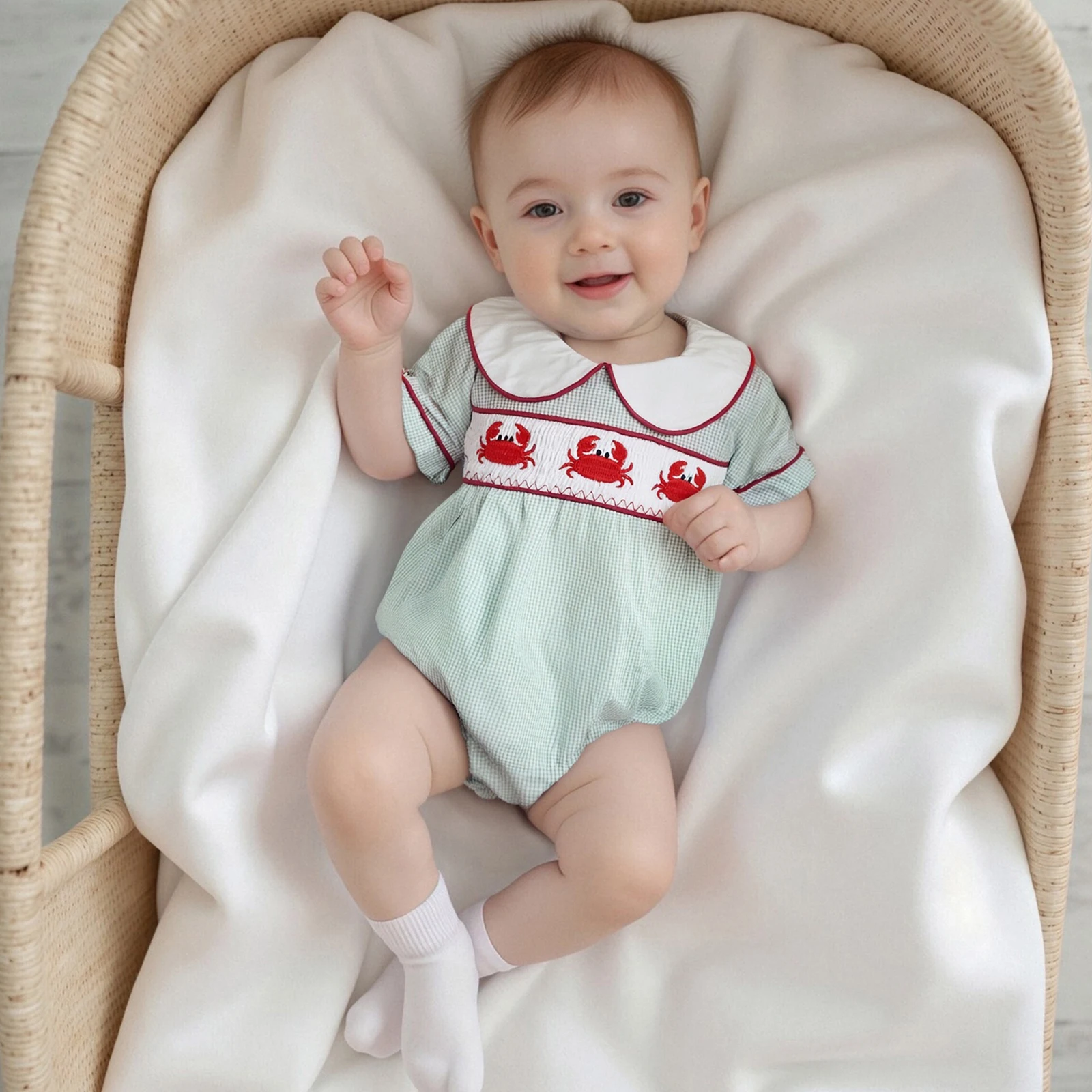 Baby Summer Casual Rompers Crab Embroidery Short Sleeve Doll Collar Plaid Jumpsuits Infant Plaid Bodysuits Newborn Clothes
Baby Summer Casual Rompers Crab Embroidery Short Sleeve Doll Collar Plaid Jumpsuits Infant Plaid Bodysuits Newborn Clothes