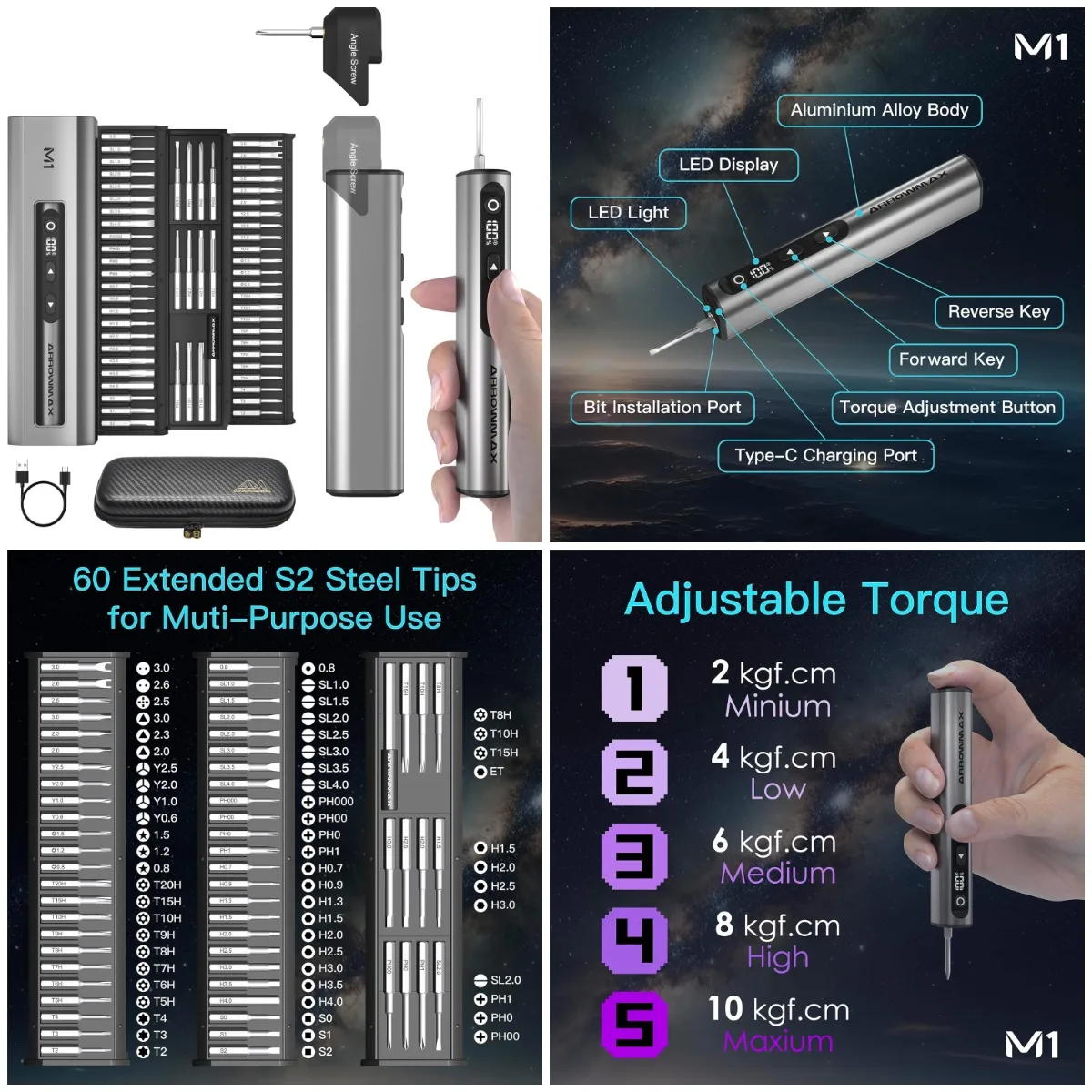AM 7.4V Mini Electric Screwdriver, 60-in-1 Magnetic Bit Set, 5 Torque Settings, for Phone & Watch Repair
AM 7.4V Mini Electric Screwdriver, 60-in-1 Magnetic Bit Set, 5 Torque Settings, for Phone & Watch Repair