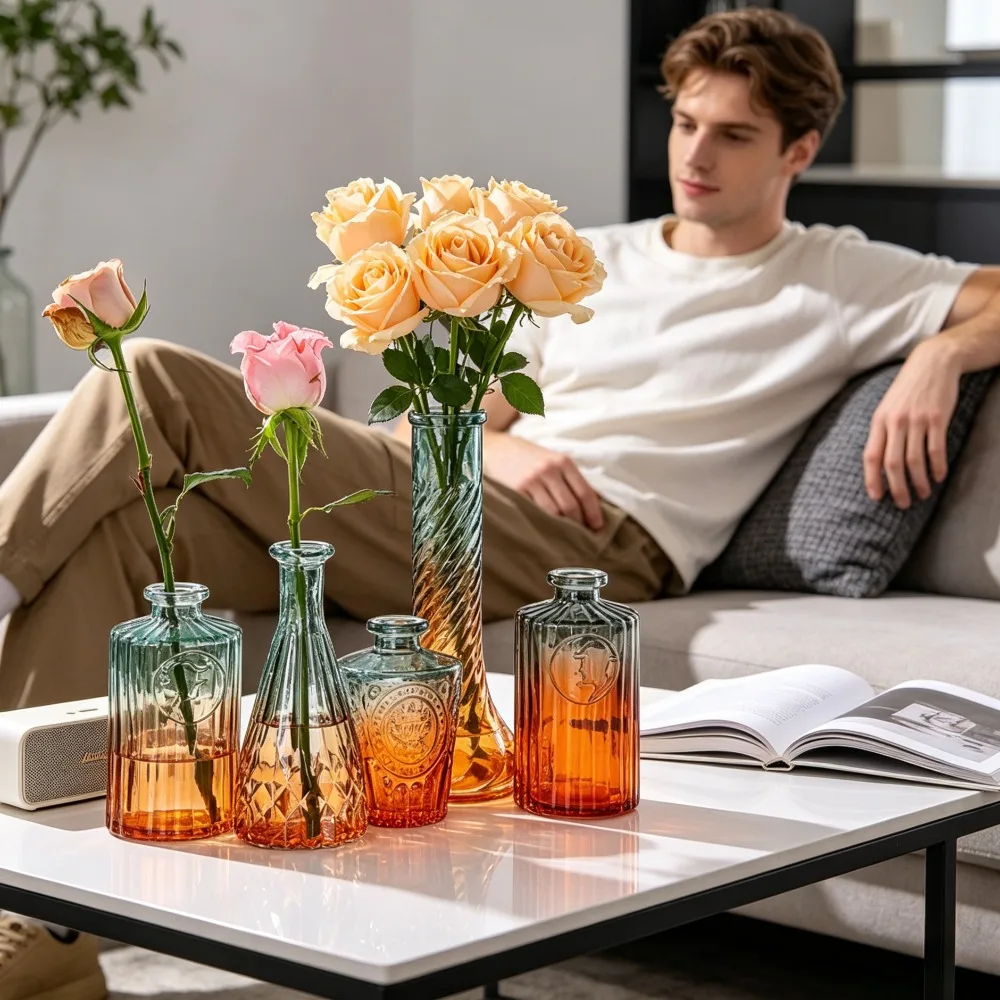 Vintage Embossed Gradient Glass Vase Small Decorative Colored Glass Bud Vase Tabletop Flower Vases for Home Wedding Centerpieces
Vintage Embossed Gradient Glass Vase Small Decorative Colored Glass Bud Vase Tabletop Flower Vases for Home Wedding Centerpieces