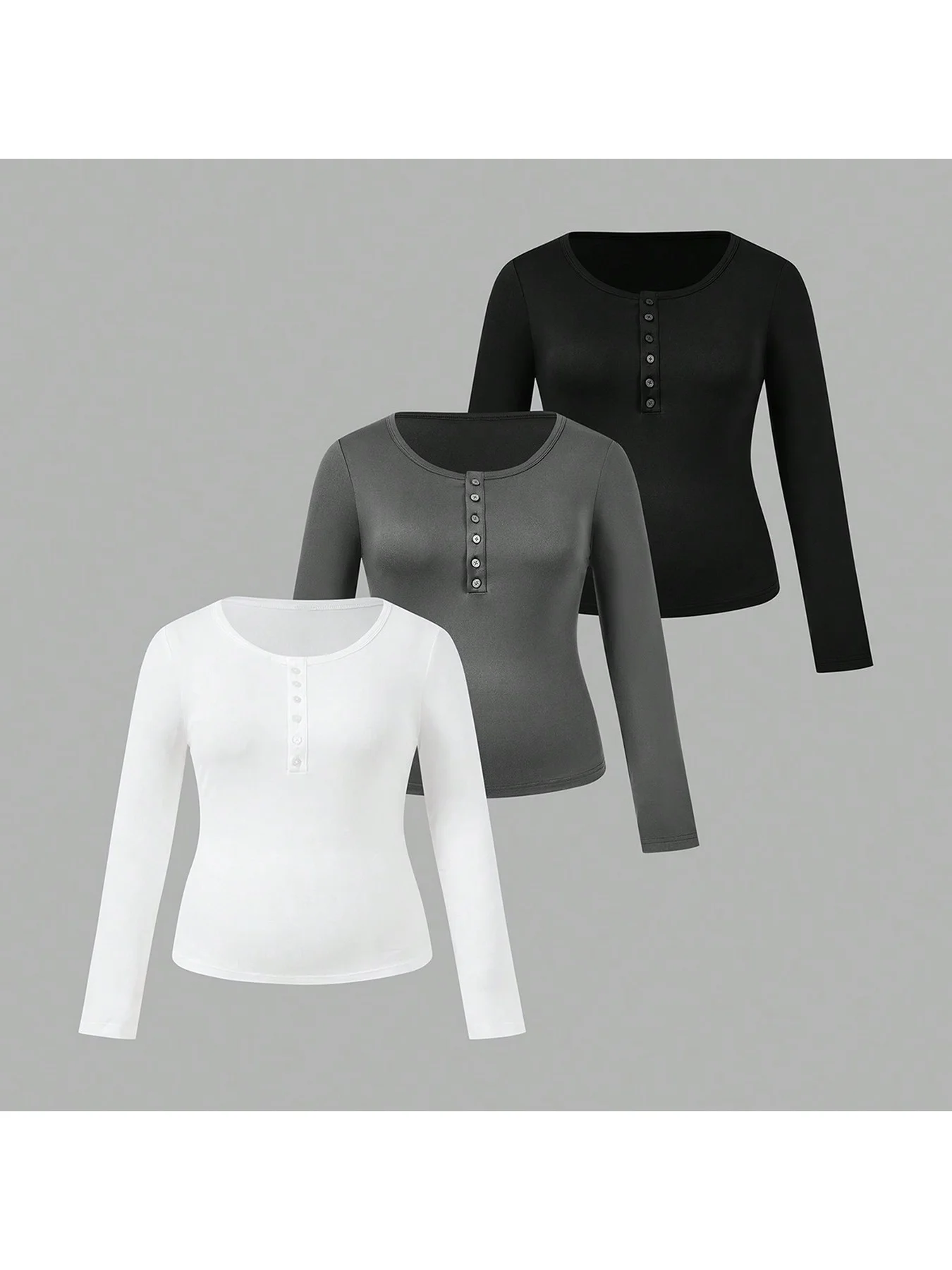 Casual, elegant and comfortable round neck solid color button long sleeved T-shirt plus size women's three piece set
Casual, elegant and comfortable round neck solid color button long sleeved T-shirt plus size women's three piece set
