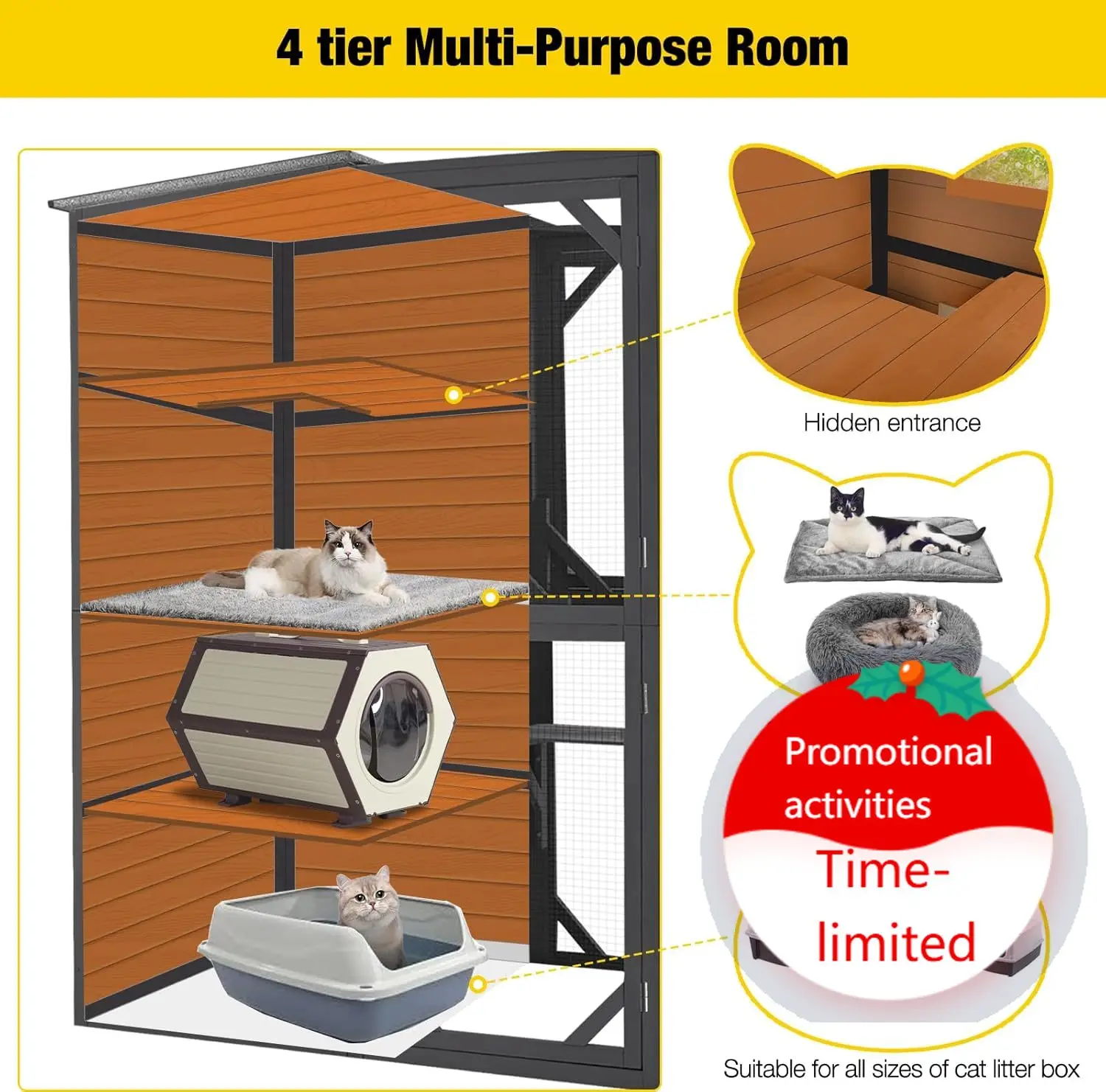 Large Cat Catio 4 Tiers Cat Enclosures House for Outdoor Indoor Cats with Weatherproof Roof, 3 Resting Rooms, 3 Platforms, 5 Win
Large Cat Catio 4 Tiers Cat Enclosures House for Outdoor Indoor Cats with Weatherproof Roof, 3 Resting Rooms, 3 Platforms, 5 Win