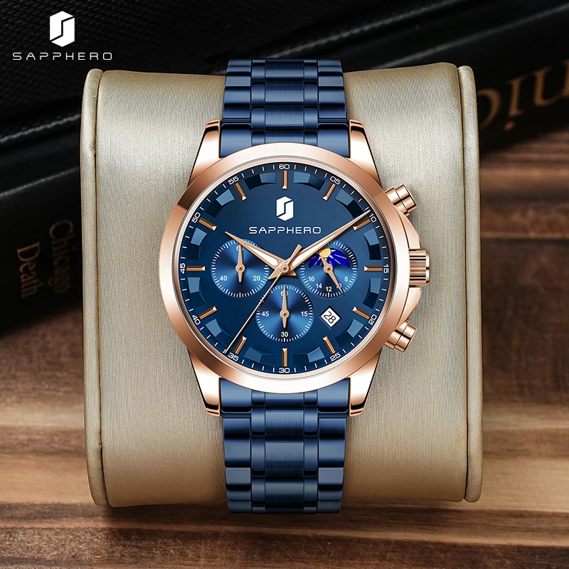 SAPPHERO мужские деловые часы с ремешком из нержавеющей стали, дисплей даты и функция хронографа, водонепроницаемые мужские часы, часы из розового золота
SAPPHERO мужские деловые часы с ремешком из нержавеющей стали, дисплей даты и функция хронографа, водонепроницаемые мужские часы, часы из розового золота