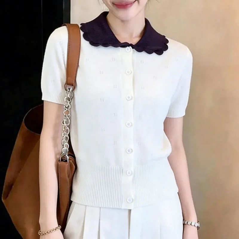 New Short Sleeve Knitted Sweater Women Cardigans Doll Collar Patchwork Knit Sweater Cardigan Women Tops Sueter Feminino Q4473
New Short Sleeve Knitted Sweater Women Cardigans Doll Collar Patchwork Knit Sweater Cardigan Women Tops Sueter Feminino Q4473