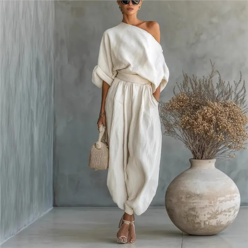 Elegant Skew Collar 3/4 Sleeve Top + Casual Pants Set Woman Sexy Off Shoulder Solid Outfit Spring Autumn Loose Female Clothing
Elegant Skew Collar 3/4 Sleeve Top + Casual Pants Set Woman Sexy Off Shoulder Solid Outfit Spring Autumn Loose Female Clothing