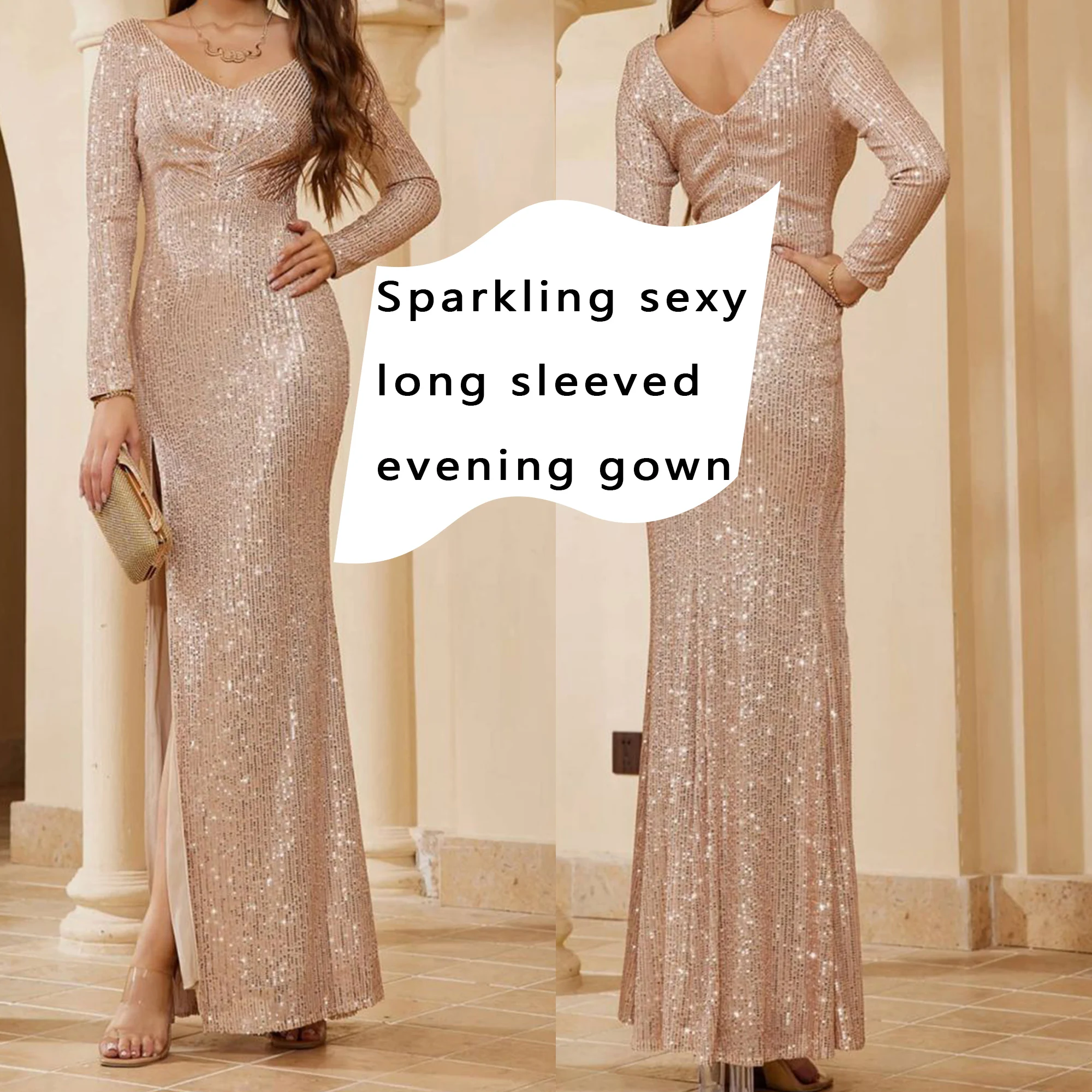 Ladies' V-neck long sleeved celebrity women's sequined wedding ball dress elegant high-end banquet slit evening dress
Ladies' V-neck long sleeved celebrity women's sequined wedding ball dress elegant high-end banquet slit evening dress
