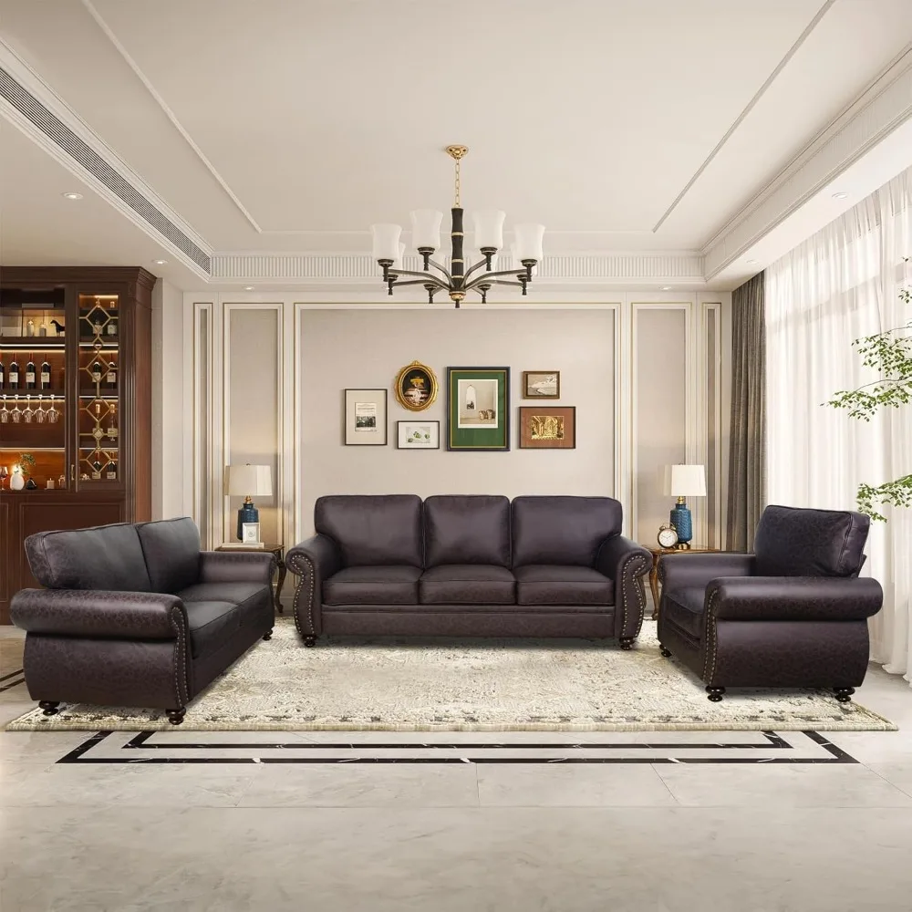 Living Room Furniture Sets,Mid-Century Vintage Sofa Couches with Rivet Design (Brown, Single+Loveseat+3 Seater)
Living Room Furniture Sets,Mid-Century Vintage Sofa Couches with Rivet Design (Brown, Single+Loveseat+3 Seater)