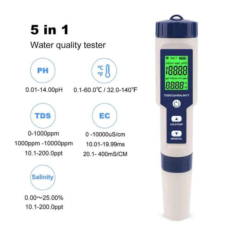 5-in-1 Water Quality Testing Pen PH Meter TDS Conductivity Salinity Meter Thermometer EZ-9909PH
5-in-1 Water Quality Testing Pen PH Meter TDS Conductivity Salinity Meter Thermometer EZ-9909PH