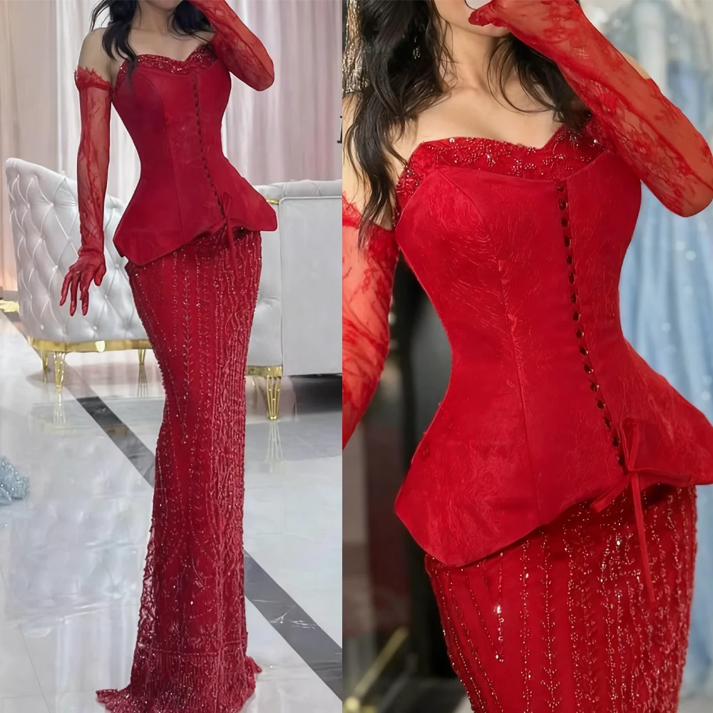 Red Mermaid Evening Dress Sweetheart Appliques 2Pcs Women Beading Corset Top For Special Occasions Prom Gown Customized
Red Mermaid Evening Dress Sweetheart Appliques 2Pcs Women Beading Corset Top For Special Occasions Prom Gown Customized