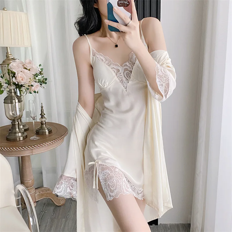 Lace Sleepwear Female 2Pcs Robe Suit Summer Rayon Silky Bathrobe Gown Nightgown Kimono Women Loungewear
Lace Sleepwear Female 2Pcs Robe Suit Summer Rayon Silky Bathrobe Gown Nightgown Kimono Women Loungewear