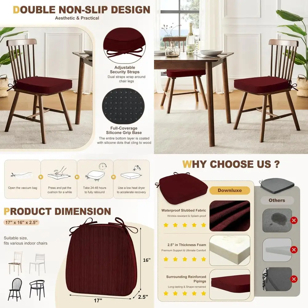 6-Pack Waterproof Dining Chair Cushions with Ties, 17x16x2.5 Inches, Non-Slip Seat Pads
6-Pack Waterproof Dining Chair Cushions with Ties, 17x16x2.5 Inches, Non-Slip Seat Pads