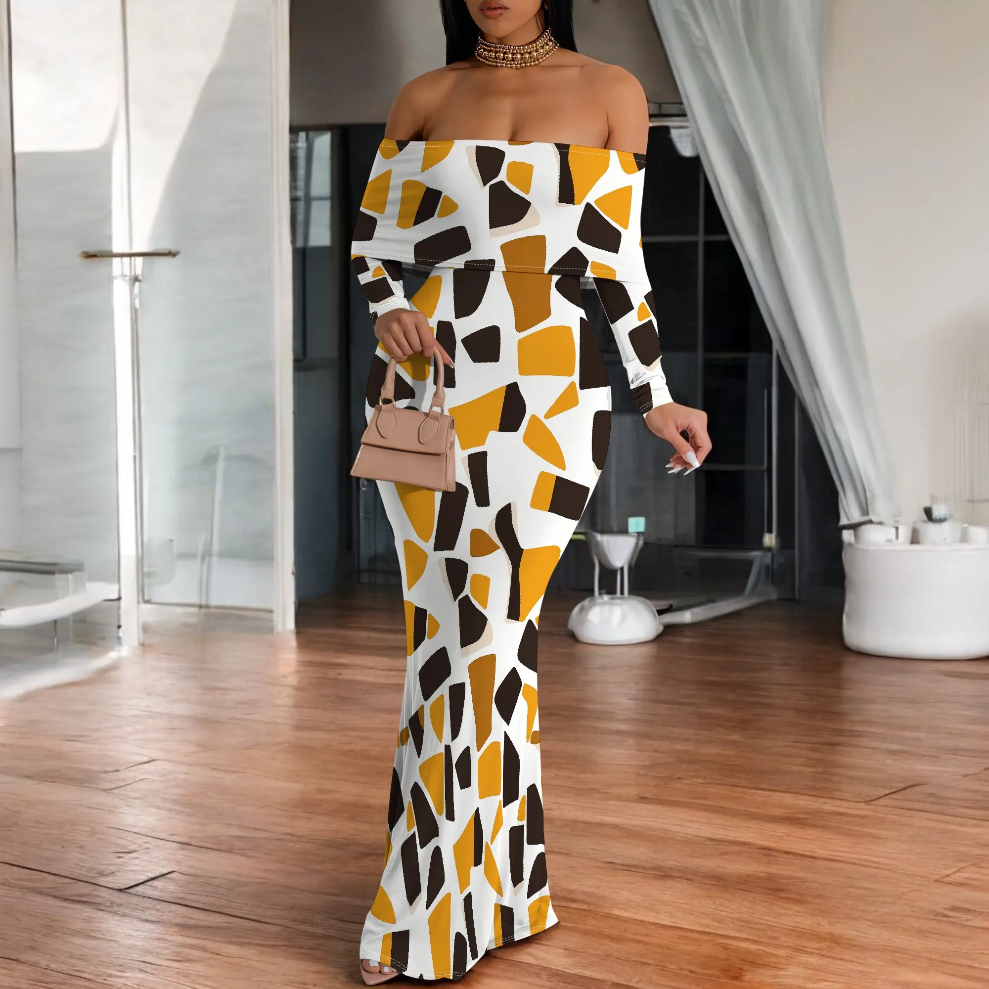 Off Shoulder Maxi Dress Yellow Brown Geometric Patch Print Long Sleeve Abstract Party Club Dress
Off Shoulder Maxi Dress Yellow Brown Geometric Patch Print Long Sleeve Abstract Party Club Dress