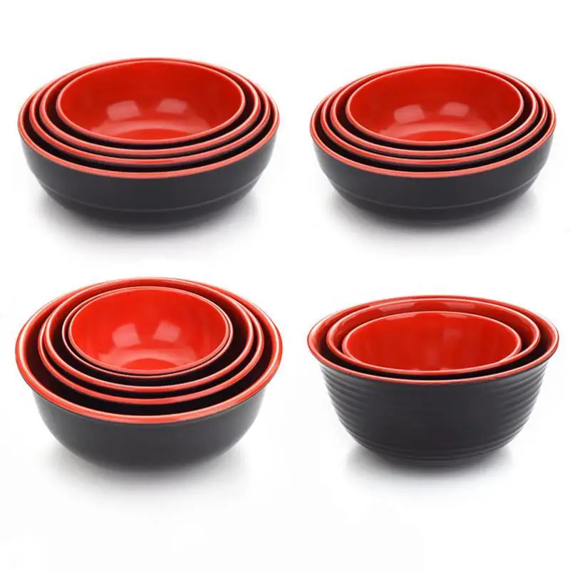 Черно-красные меламиновые миски, буфетные тарелки, миска для рамэна, суп, пластиковая кухонная утварь для салата, принадлежности для ресторанов
Черно-красные меламиновые миски, буфетные тарелки, миска для рамэна, суп, пластиковая кухонная утварь для салата, принадлежности для ресторанов
