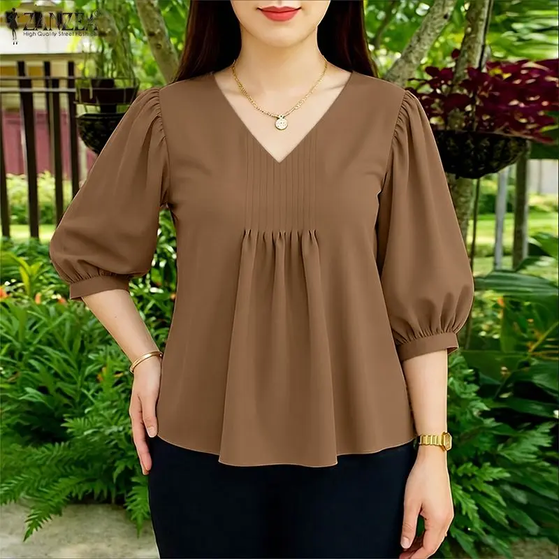 Stylish Women V Neck Lantern Sleeve Blouse ZANZEA Summer Woman Tops Elegant Solid Color Pleated Work Shirt Holiday Blusas Femme
Stylish Women V Neck Lantern Sleeve Blouse ZANZEA Summer Woman Tops Elegant Solid Color Pleated Work Shirt Holiday Blusas Femme