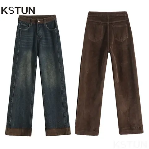 KSTUN 2025 Winter Women's Fleece Jeans High Waist Warm Pants Straight Leg Basic Hundred Trousers Vintage Comfortable Patchwork