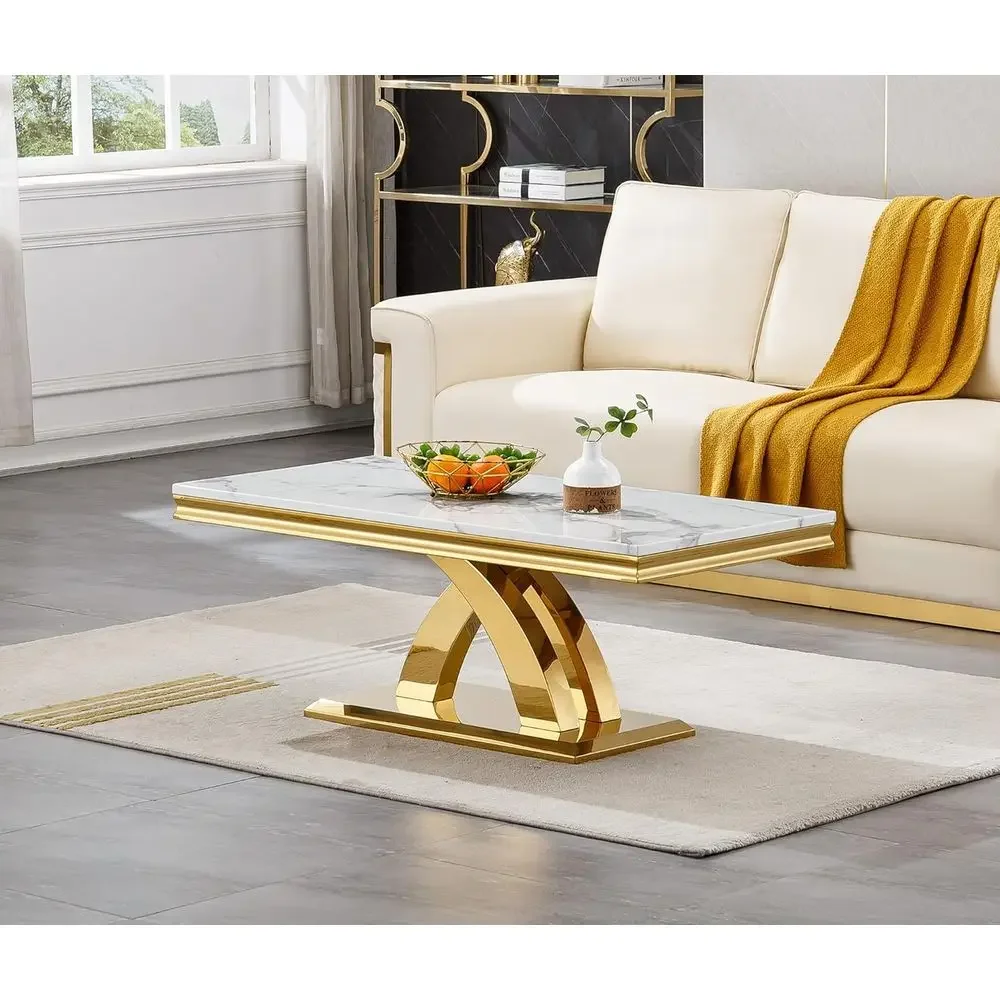 Luxury White Marble Coffee Table with Gold Stainless Steel X-Base, 47 Rectangular Center Table for Accent, Cocktail, Tea or Livi
Luxury White Marble Coffee Table with Gold Stainless Steel X-Base, 47 Rectangular Center Table for Accent, Cocktail, Tea or Livi