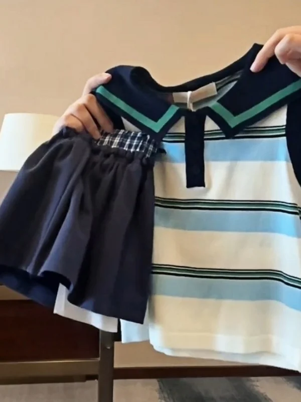 Girls Summer Knitted Set with Turn-down Collar Striped Vest And Elastic Waist Short Skirt Breathable Short Sleeve Two-piece O...
Girls Summer Knitted Set with Turn-down Collar Striped Vest And Elastic Waist Short Skirt Breathable Short Sleeve Two-piece O...