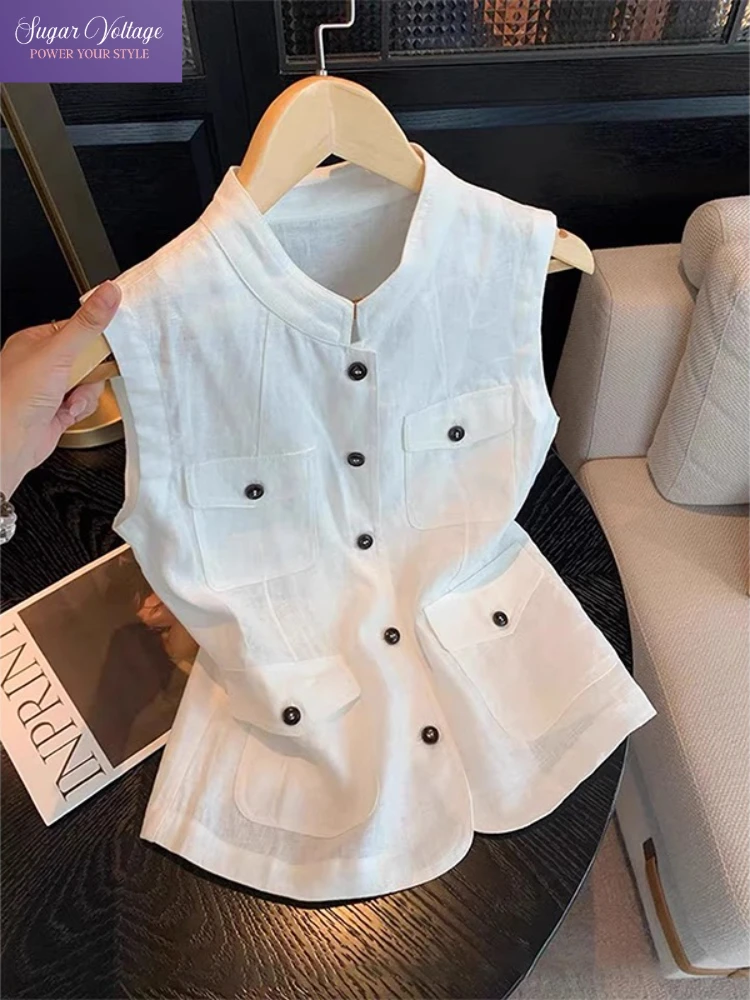 Elegant Utility Style Linen Vest Women Summer 2025 White Sleeveless High Neck Waistcoat Button Up Slim Fit Chic Minimalist Tops
Elegant Utility Style Linen Vest Women Summer 2025 White Sleeveless High Neck Waistcoat Button Up Slim Fit Chic Minimalist Tops