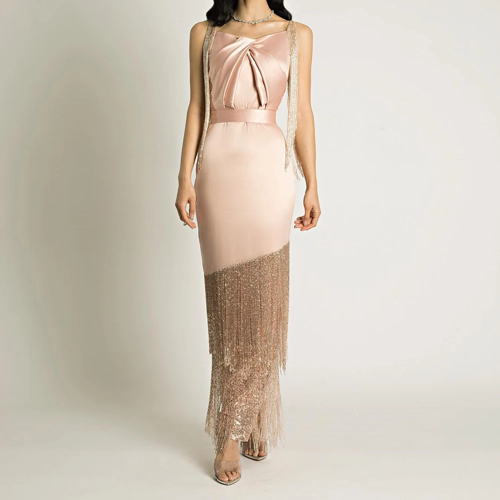 Customized Luxury Satin Straight Cap Sleeve Tassel Evening Dress V-Neck Sleeveless Floor Length Photo Color Vestidos de fiesta
Customized Luxury Satin Straight Cap Sleeve Tassel Evening Dress V-Neck Sleeveless Floor Length Photo Color Vestidos de fiesta