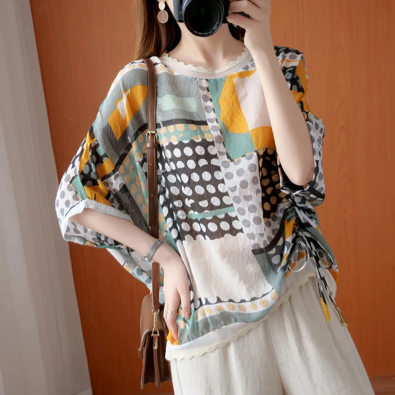 Summer Thin Loose Retro Print Overhead Pocket T-Shirt Women's Large Size Sun Protection Shirt Drawstring Drill Artistic Style
Summer Thin Loose Retro Print Overhead Pocket T-Shirt Women's Large Size Sun Protection Shirt Drawstring Drill Artistic Style