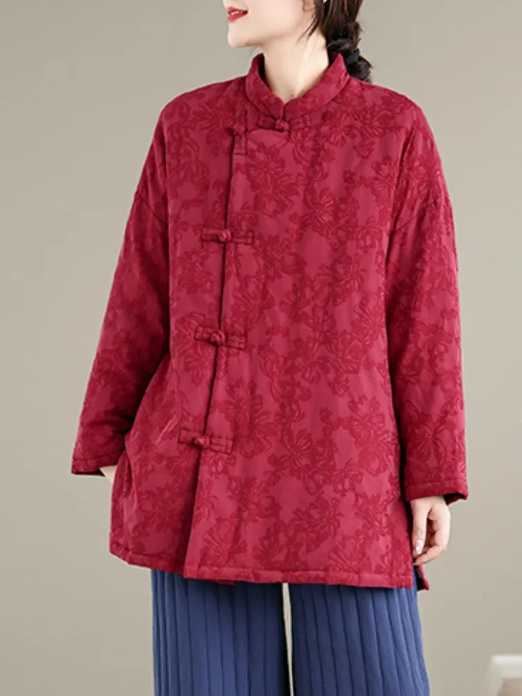 Red Floral Embroidery Cotton Jacket Women's Mid-Length Stand Collar Thickened Tang Costume Coat with Slanting Flap Buttons
Red Floral Embroidery Cotton Jacket Women's Mid-Length Stand Collar Thickened Tang Costume Coat with Slanting Flap Buttons