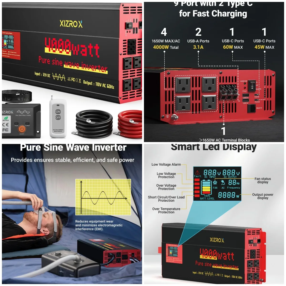 4000W Pure Sine Wave Inverter 12V to 110V AC, 9-Port with 4AC/2USB/2Type-C, LED Display, Remote for RV/Camping
4000W Pure Sine Wave Inverter 12V to 110V AC, 9-Port with 4AC/2USB/2Type-C, LED Display, Remote for RV/Camping