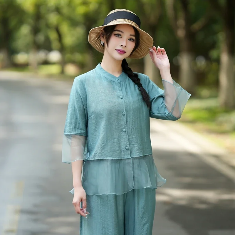 Women's Chinese Style Solid Linen 2 Piece Set 3/4 Sleeve Shirt Wide Leg Pants Summer Outfit
Women's Chinese Style Solid Linen 2 Piece Set 3/4 Sleeve Shirt Wide Leg Pants Summer Outfit
