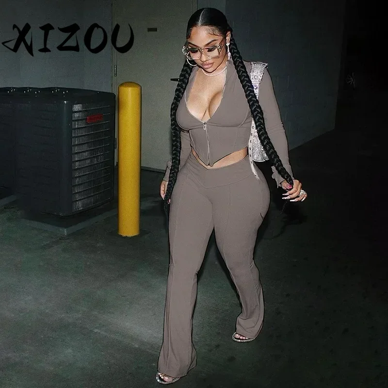 XIZOU Solid Matching Women 2 Piece Set Autumn Zip-up Irregular Crop Tops+Slim Stretch Flare Pants Female Track Street Outfits
XIZOU Solid Matching Women 2 Piece Set Autumn Zip-up Irregular Crop Tops+Slim Stretch Flare Pants Female Track Street Outfits