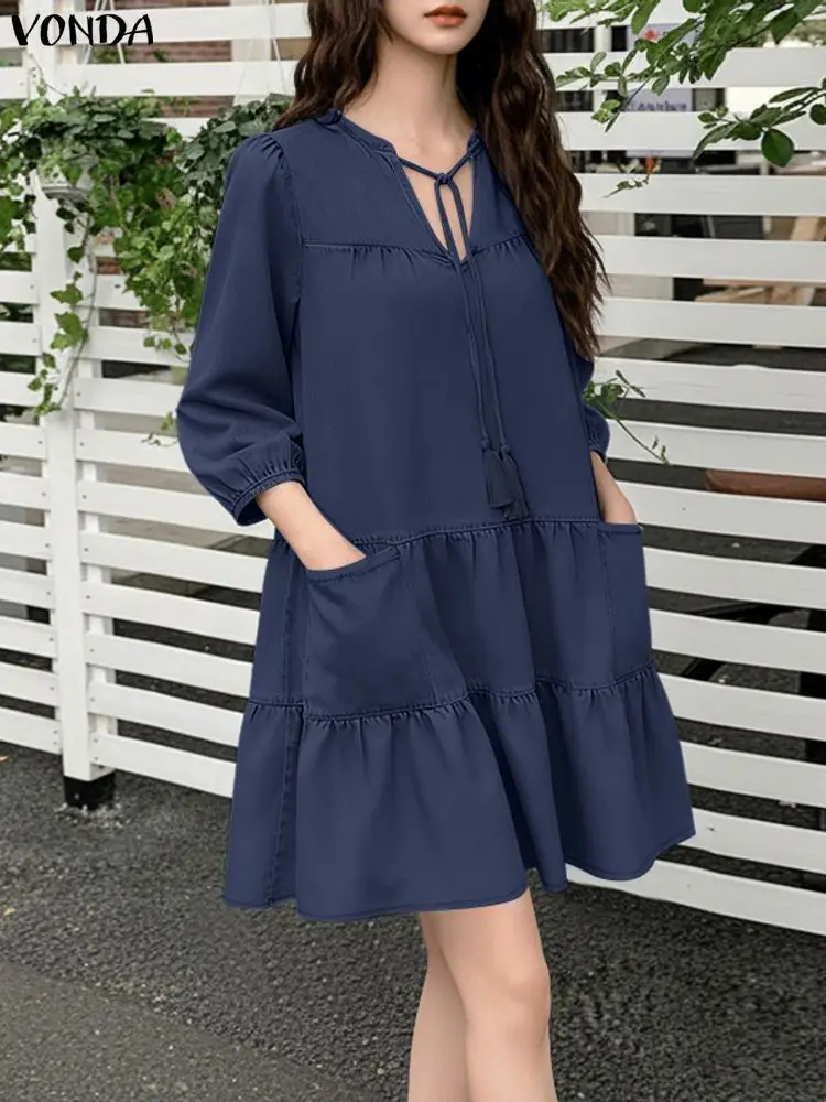 Плюс размер 5XL VONDA женское мини-платье с рюшами модное однотонное повседневное свободное платье с карманами элегантный женский вечерний сарафан с рукавами 3/4
Плюс размер 5XL VONDA женское мини-платье с рюшами модное однотонное повседневное свободное платье с карманами элегантный женский вечерний сарафан с рукавами 3/4