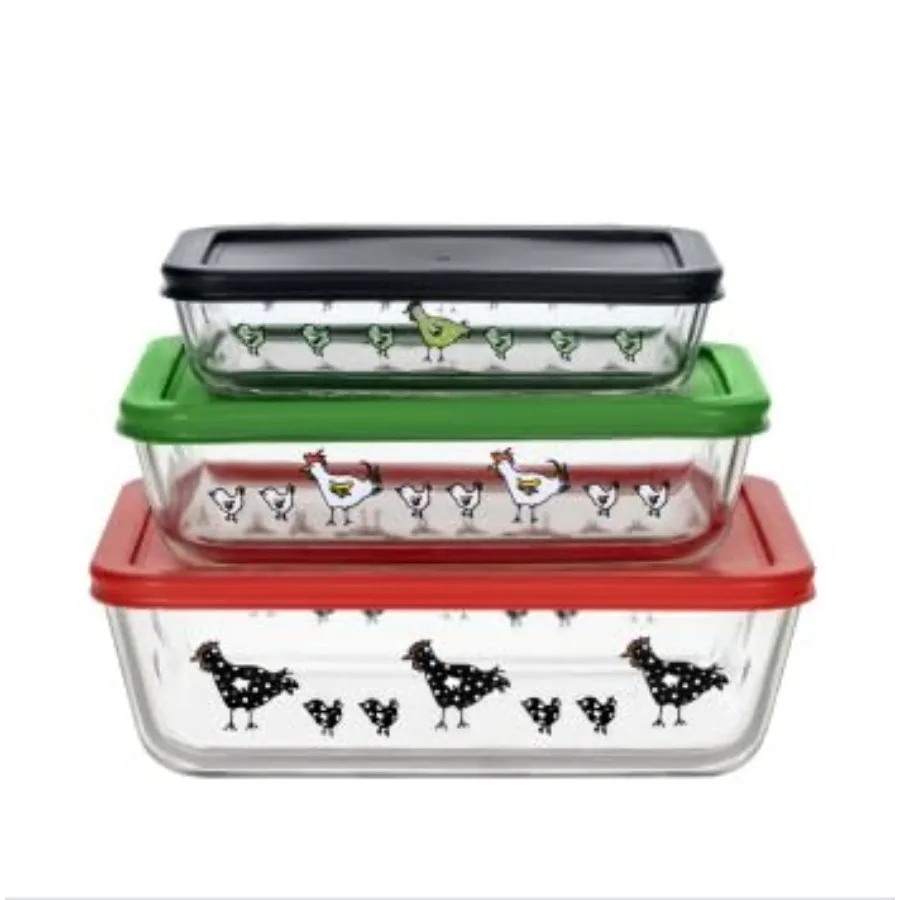 Borosilicate Glass Meal and Food Storage Container Rectangle Shape 6 pc Set 3 Containers 3 Lids Farmstyle Rooster Design
Borosilicate Glass Meal and Food Storage Container Rectangle Shape 6 pc Set 3 Containers 3 Lids Farmstyle Rooster Design