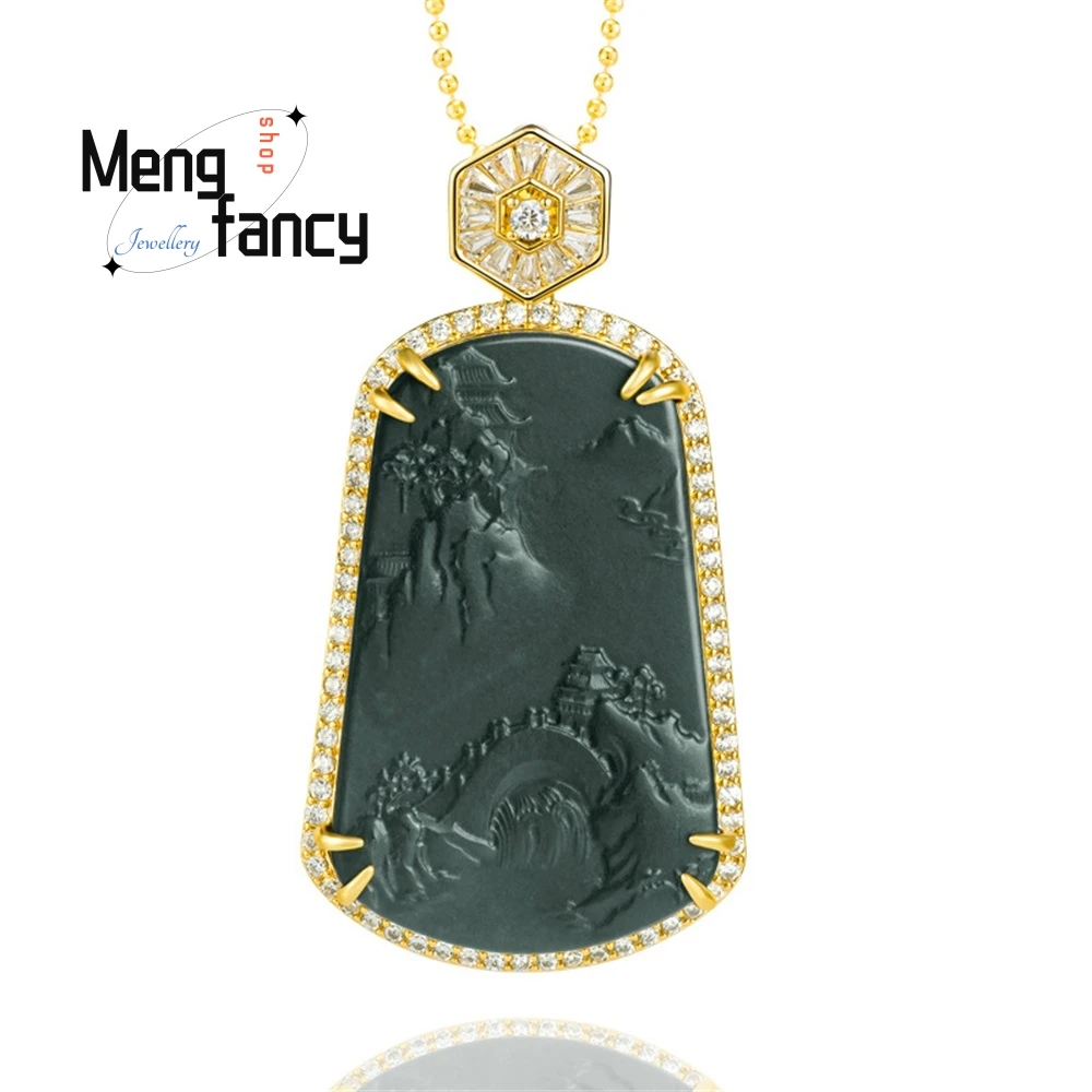 High-Grade Natural Hetian Jade Black Blue Jade Landscape Brand Copper Gold-Plated Pendant Jade Men And Women's Gift Pendant
High-Grade Natural Hetian Jade Black Blue Jade Landscape Brand Copper Gold-Plated Pendant Jade Men And Women's Gift Pendant