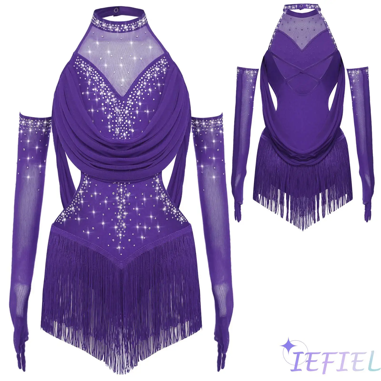 2Pcs Professional Girls Latin Dance Costume Ruched Mesh Drapes Cutout Tassel Glittery Rhinestones Leotard +1 Pair Mesh Gloves
2Pcs Professional Girls Latin Dance Costume Ruched Mesh Drapes Cutout Tassel Glittery Rhinestones Leotard +1 Pair Mesh Gloves