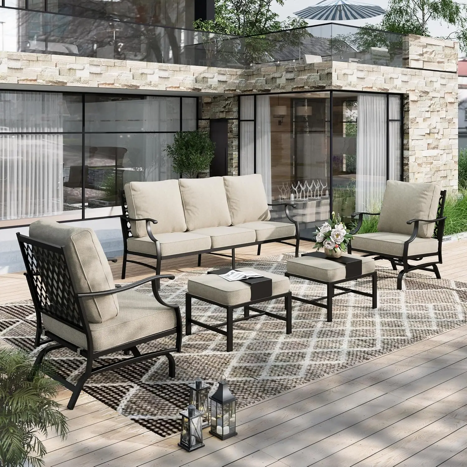 5 Pieces Patio Furniture Set, 2 x Cushioned Rocking Chair, 2 x Ottoman, 1 x 3-Seat Sofa, All Cushioned 7 Seats Conversation Set
5 Pieces Patio Furniture Set, 2 x Cushioned Rocking Chair, 2 x Ottoman, 1 x 3-Seat Sofa, All Cushioned 7 Seats Conversation Set